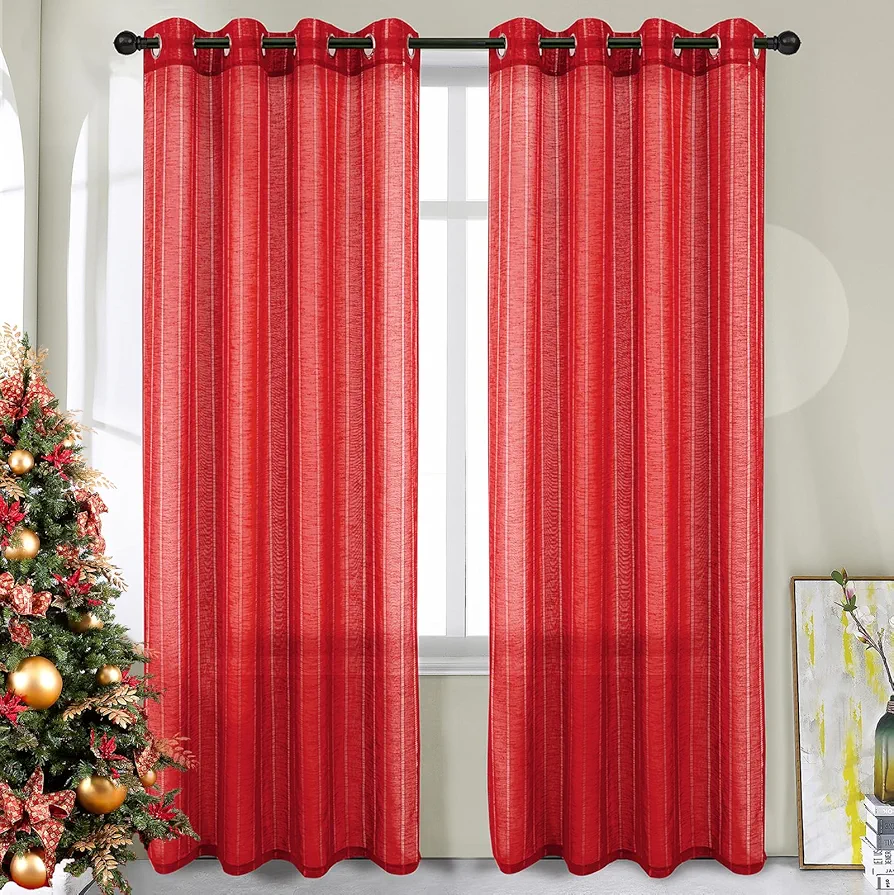 Tony's collection Valentines Red Sheer Curtains 84 Inch Length 2 Panels Set, Fancy Holly Stripe 540D Grommet Top for Living Room, Bedroom, Dining Room(34x84 Inch, Red, 2 Panels)