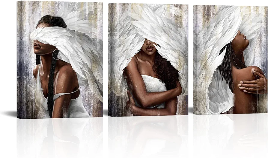 sechars Angel Wall Art Canvas Black Woman with Angel Wings Painting Prints Modern African American Abstract Girl Pictures Artwork for Home Living Room Bedroom Decor (Small)