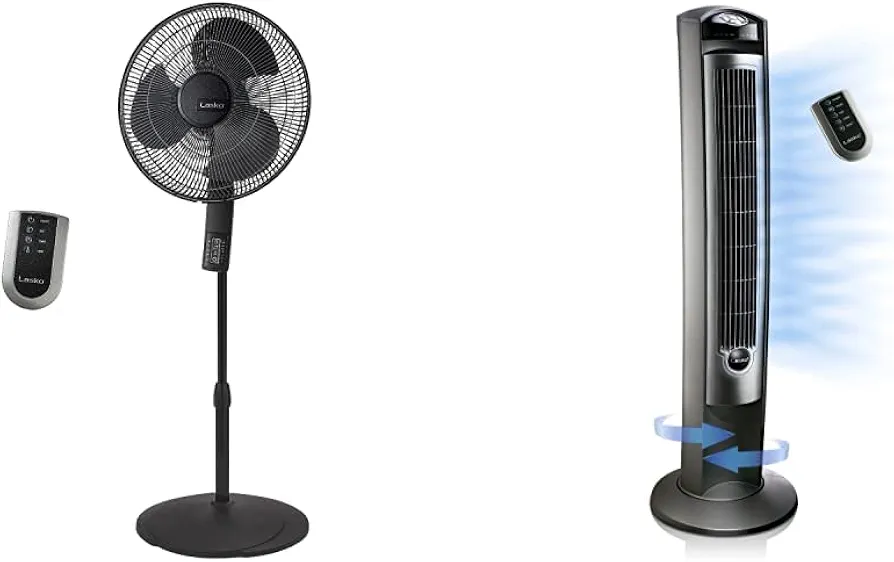 Lasko S16612 Oscillating 16″ Adjustable Pedestal Stand Fan with Timer, Thermostat and Remote for Indoor, Bedroom, Living Room, 16 Inch, Black 16612 & Household Tower Fan, 42", Silver T42951