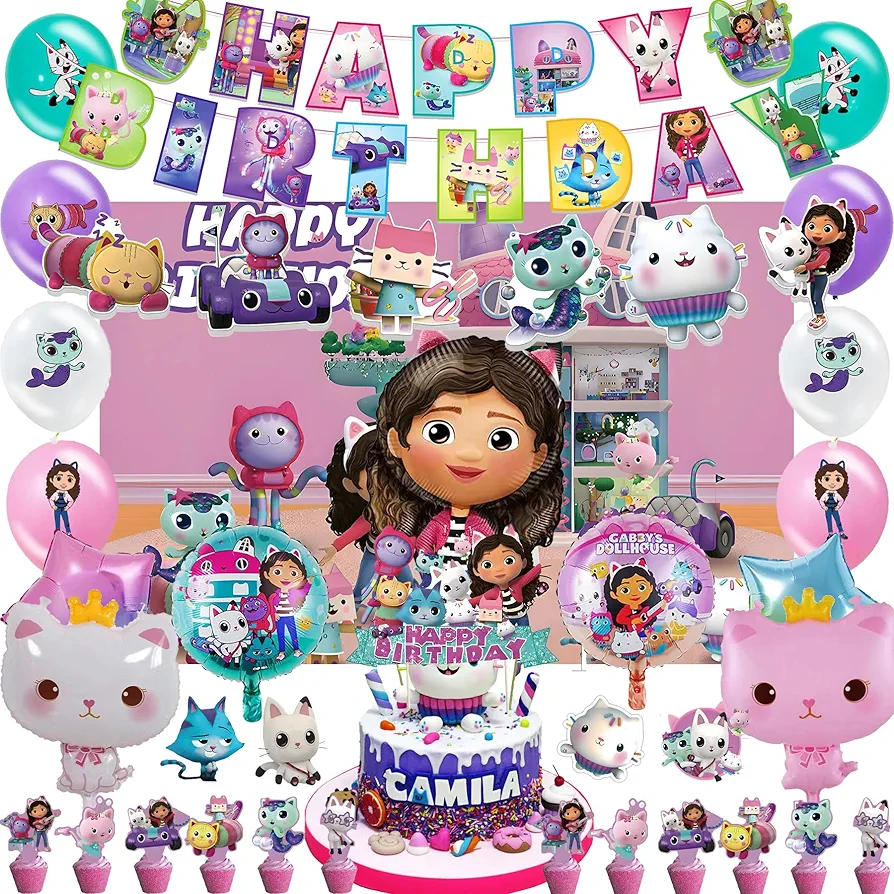 110Pcs Cute Cat Party Birthday Supplies，Cat Party Decorations Include 1Pcs Banner，1Pcs Backdrop，1Pcs Cake Topper，6Pcs Swirls，24Pcs Cupcake Topper，27Pcs Balloons (C3)