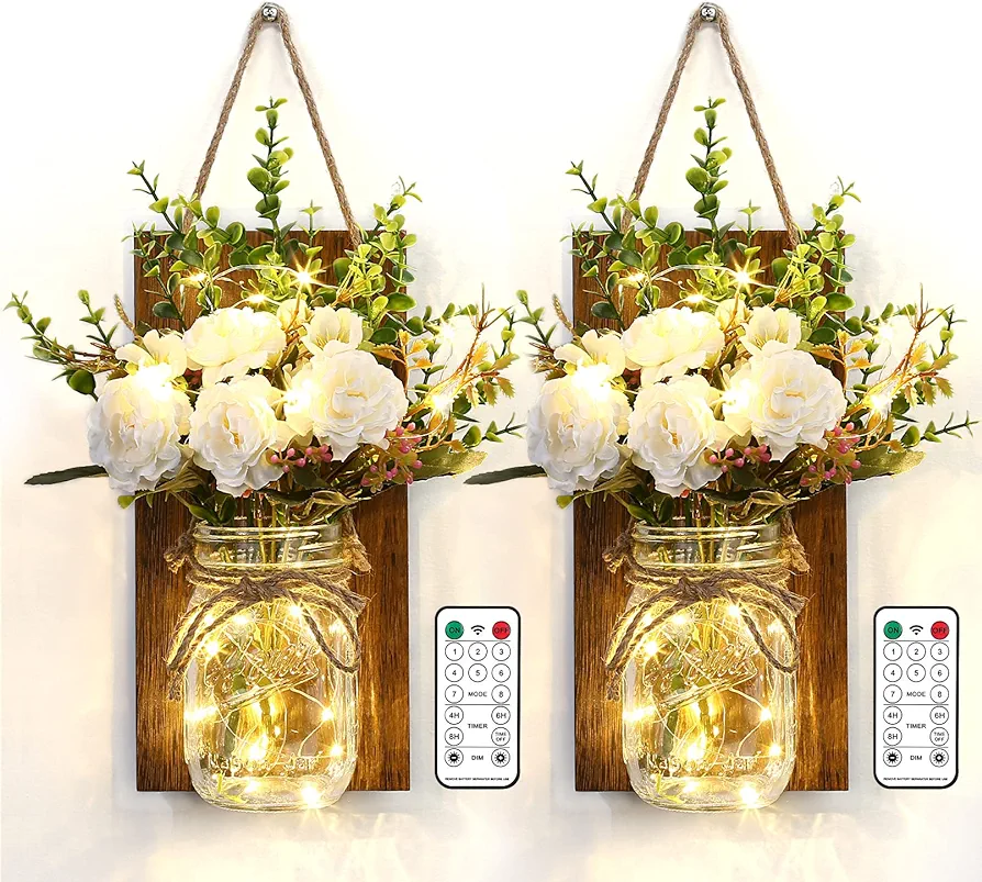 Lightess Mason Jar Wall Sconce with Flower Wood Decoration LED Fairy Lights Rustic Wall Lamp Home Decoration String Light for Party, Wedding Bedroom Wall Decor, 2 Pack