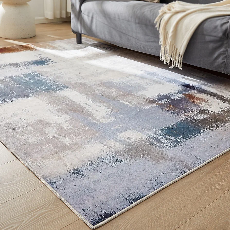 Modern Light Abstract Blue Area Rug,Non Slip Colorful Big Large Carpets, Machine Washable 5x7 Rugs for Living Room and Bedroom, Soft Blue and White Rug for Dining Center