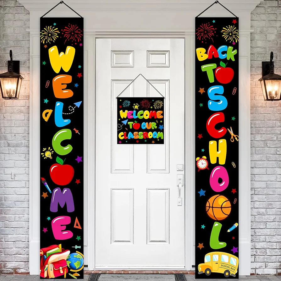 Welcome Back to School Banner with Welcome to Our Classroom Hanging Sign, 71" X 12" First Day of School Decorations Porch Banner, Back to School Door Decorations for Kindergarten Primary High School Classroom