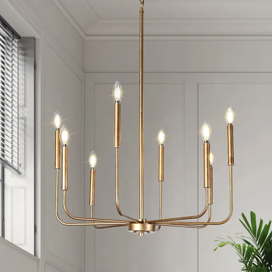 LALUZ Champagne Antique Gold Chandelier, 8-Light Modern Farmhouse Dining Room Chandelier Over Table, 27'' Aged Brass Chandeliers Hanging Light Fixture for Dining Room, Living Room, Bedrooms, Foyer