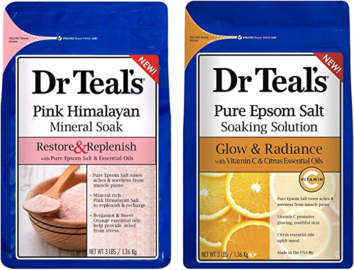 Dr Teal's Epsom Salt Bath Combo Pack (6 lbs Total), Restore & Replenish with Pink Himalayan, and Glow & Radiance with Vitamin C and Citrus Essential Oils