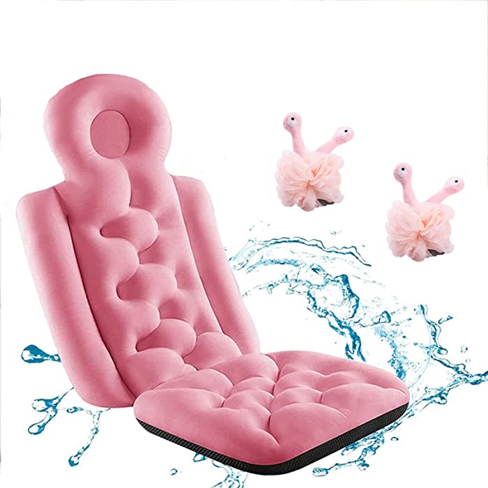 WLWMCFXPWH Full Body Bath Pillow,Foldable Ergonomic Spa Bathtub Pillow for Tub,Comes with 2 Cute Cartoon Bath Balls,Non-Slip Thick Waterproof Bathroom Pillow Bathtub Accessory (Pink)