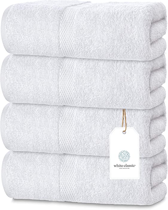 White Classic Luxury Bath Towels Large | 600 GSM Cotton Absorbent Hotel Bathroom Towel | 27x54 Inch | 4 Pack | White