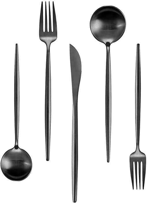 Matte Black Silverware Set for 4, IBIILII JEFF 20 Pieces Stainless Steel Flatware Set，Kitchen Utensil Set, Tableware Cutlery Set, Knife Spoons And Forks Set, Satin Finished Polished & Dishwasher Safe