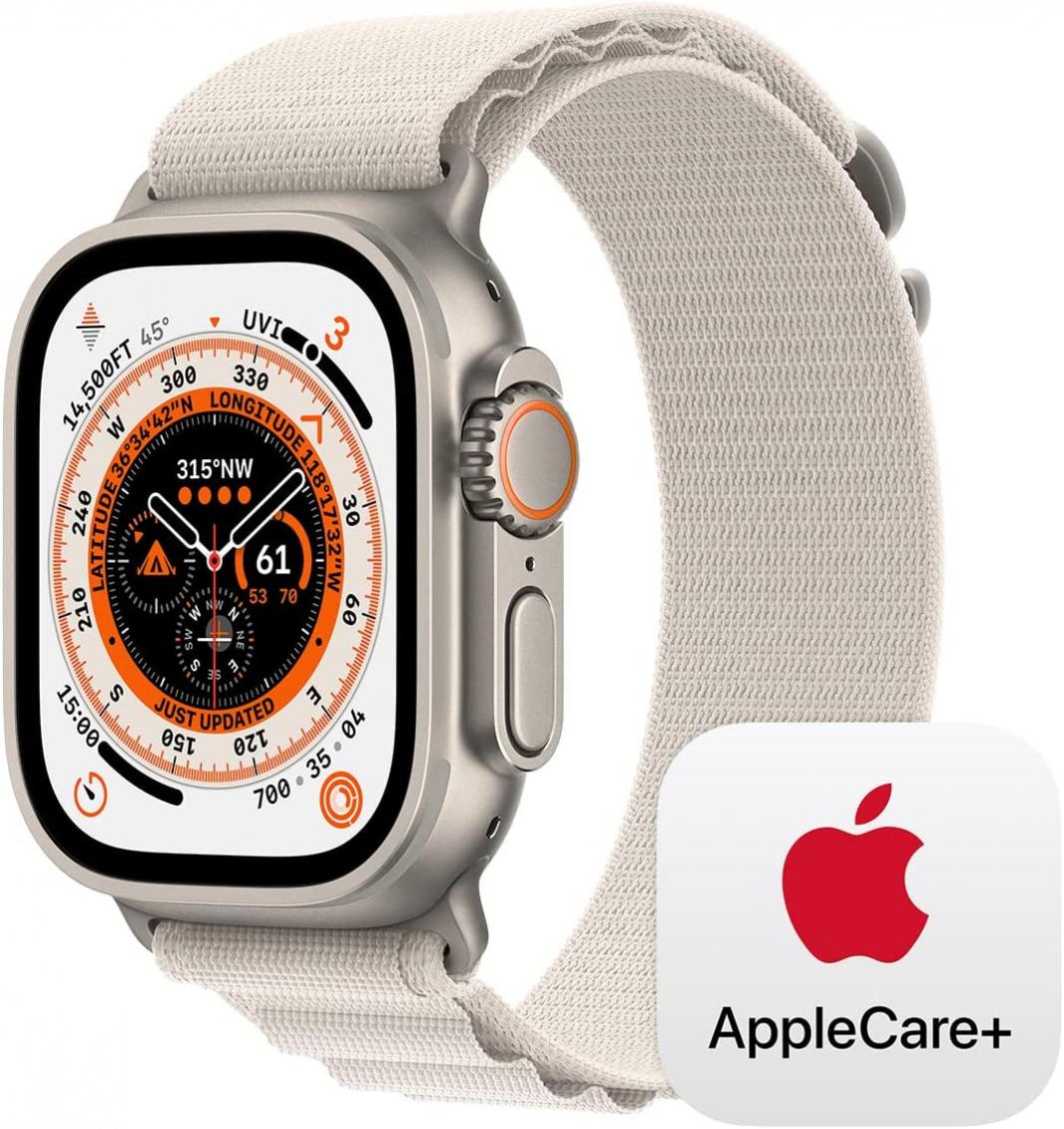 Apple Watch Ultra GPS + Cellular, 49mm Titanium Case with Starlight Alpine Loop - Large with AppleCare+ (2 Years)