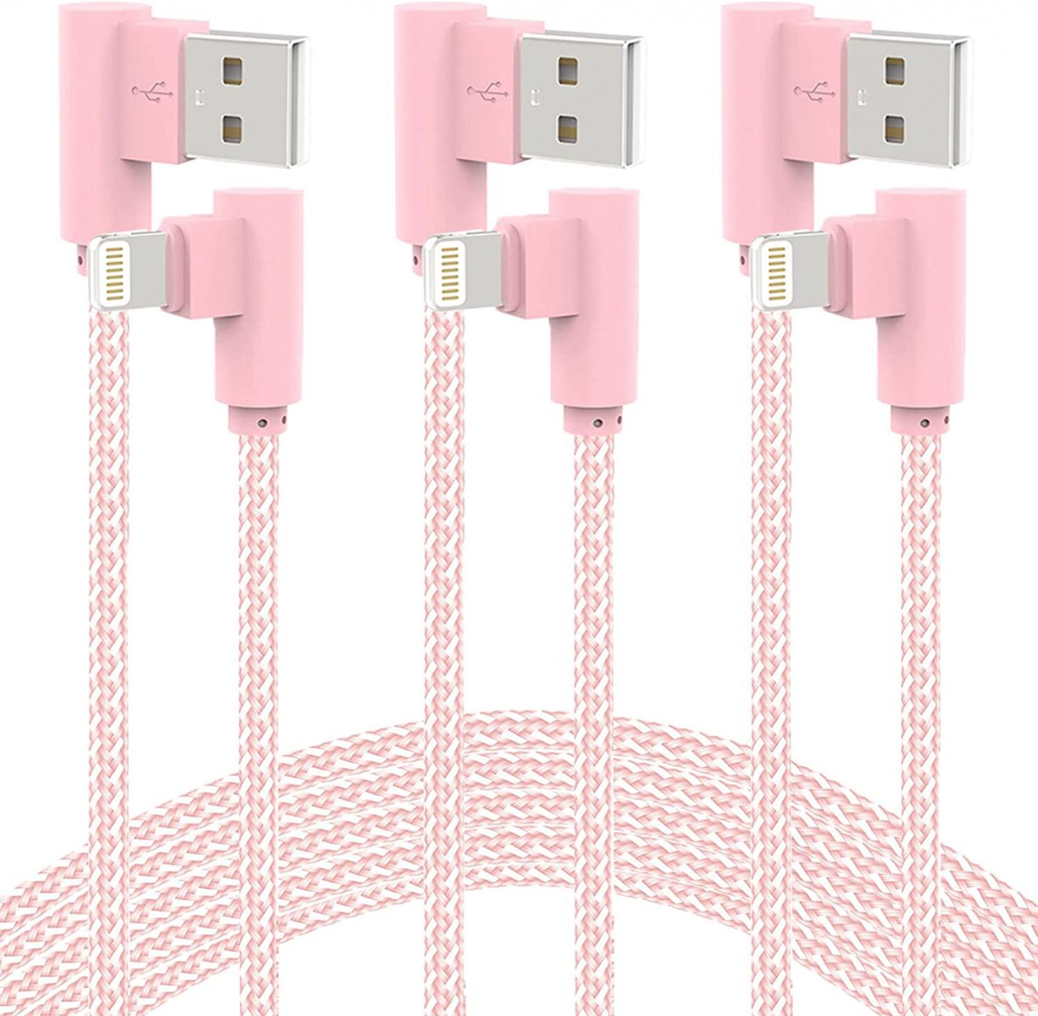 iPhone Charger 10Ft 3Pack Lightning Cable Right Angle MFi Certified Cable Nylon Braided Fast Charging Lightning Cord for iPhone 14 13 12 11 Pro Max XS XR 8 7 6 Plus/iPad (Pink)