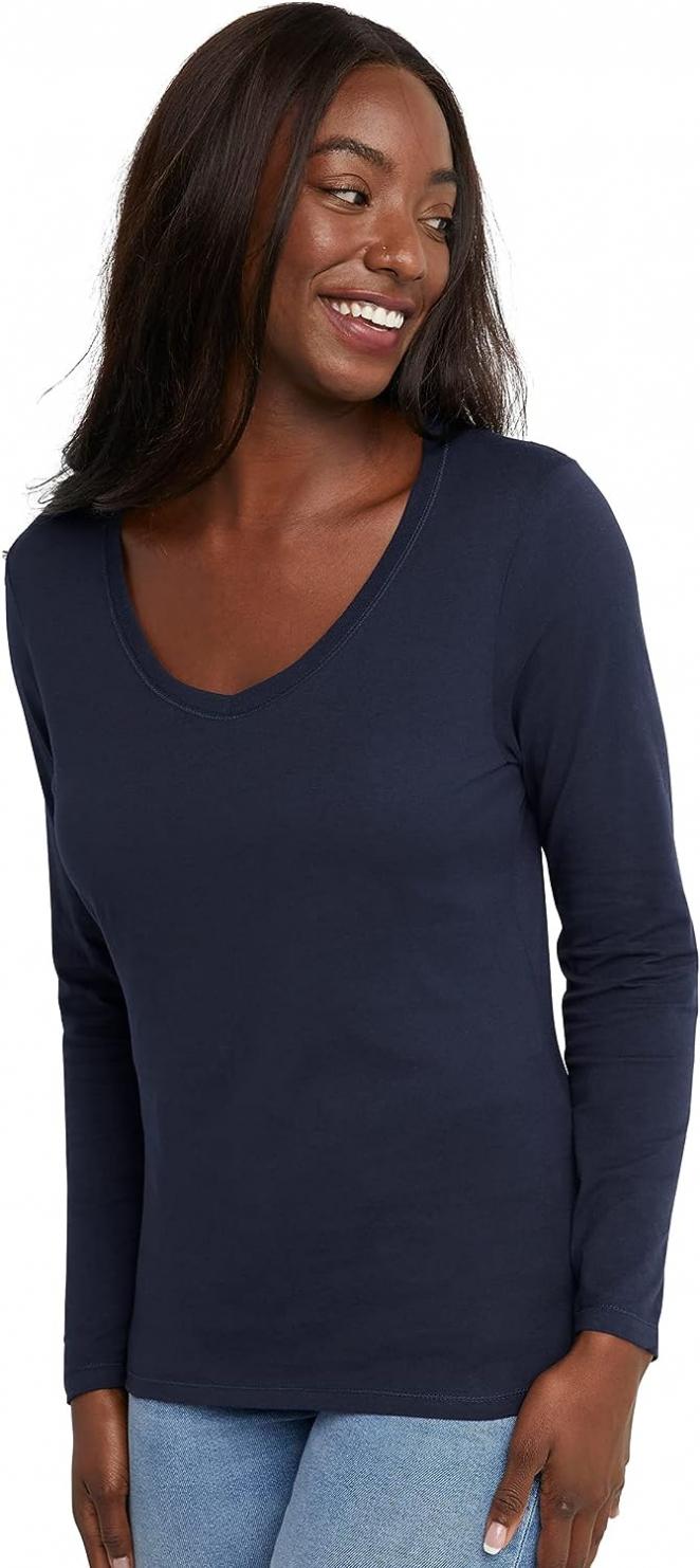 Hanes Womens Originals Long Sleeve Cotton V-Neck T-Shirt, Lightweight V-Neck Tee, Modern Fit