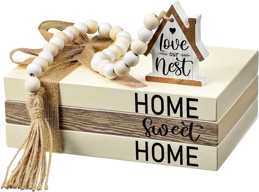 Tatuo 4 Pcs Wooden Farmhouse Stacked Books Set Home Sweet Home Decorative Books with Wooden Beads Garland White Faux Books Decoration Faux Decorative Books for Coffee Table Home Office Living Room