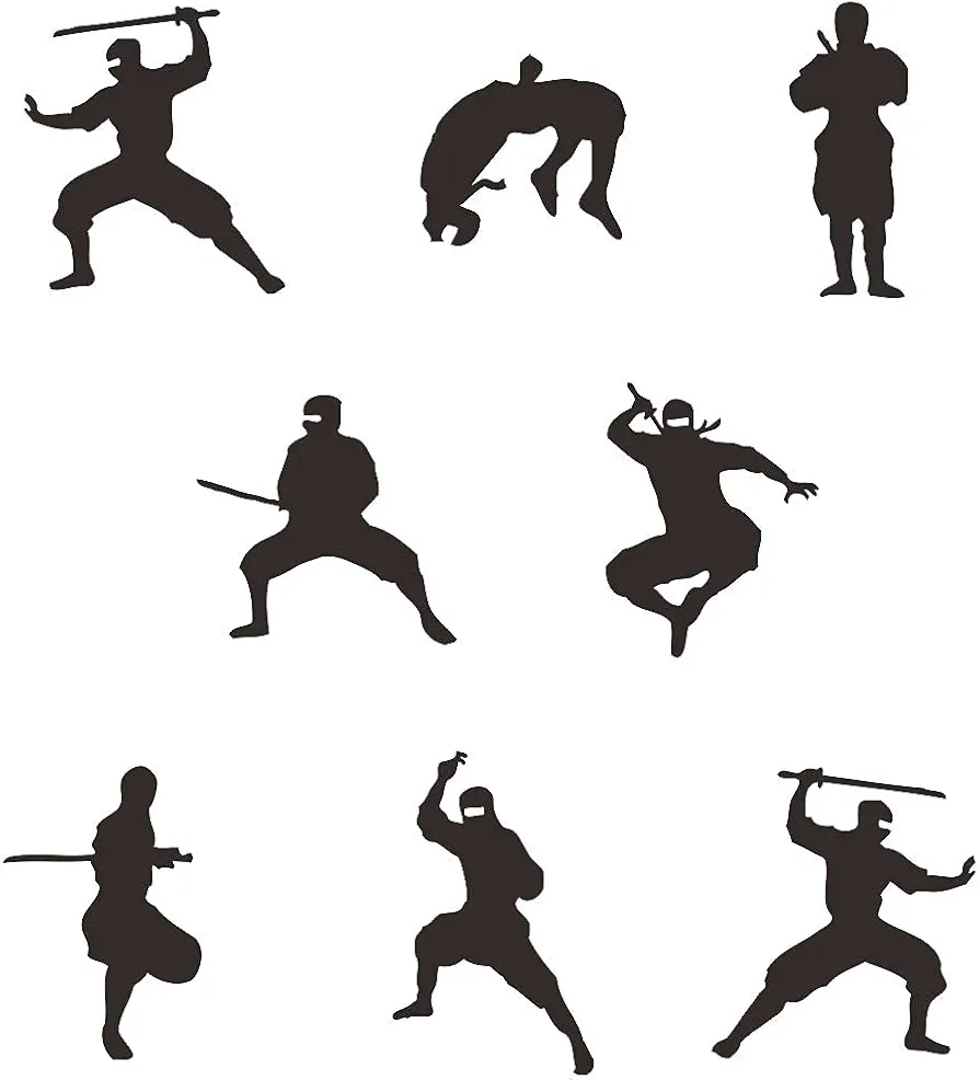 Ninja Silhouette Wall Decal Stickers - Assorted Designs | PVC Removable Ninja Wall Decor for Kids Room | Karate, Samurai, Mural Vinyl Sticker Art Effect 24" x 36" JWH140 (Black)