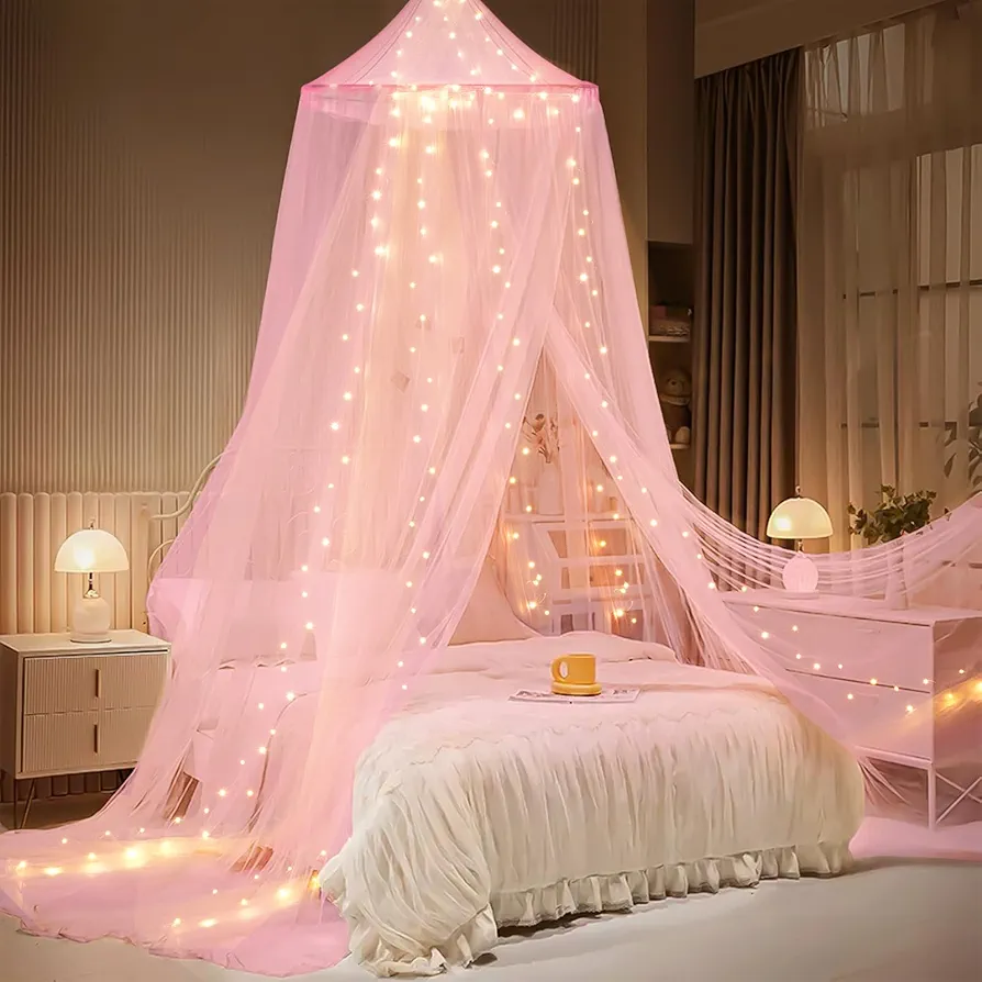 Bed Canopy with Lights, Bed Canopy for Girls Princess with Luminous Stars, Canopy Bed Curtains for Twin to King Size Bed, Baby Kids Adult Indoor Decor Bedroom Reading Nook Outdoor Camping, Pink