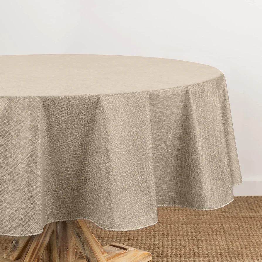 Elrene Home Fashions Monterey Linen Inspired Water- and Stain-Resistant Vinyl Tablecloth with Flannel Backing, 60 inches X 84 inches, Oval, Taupe