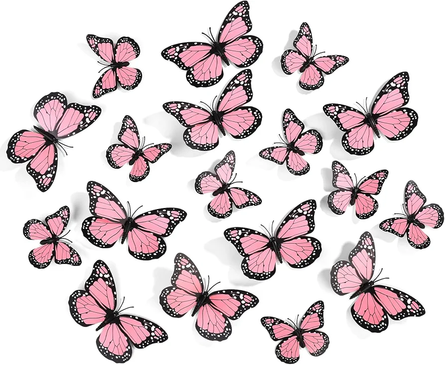 24pcs Monarch Butterfly Magnets, Artificial Monarch Butterfly Decorations 3D Butterfly Wall Stickers Decal for Crafts Wall Home Decor Art Room Refrigerator Halloween Birthday Party (Pink)