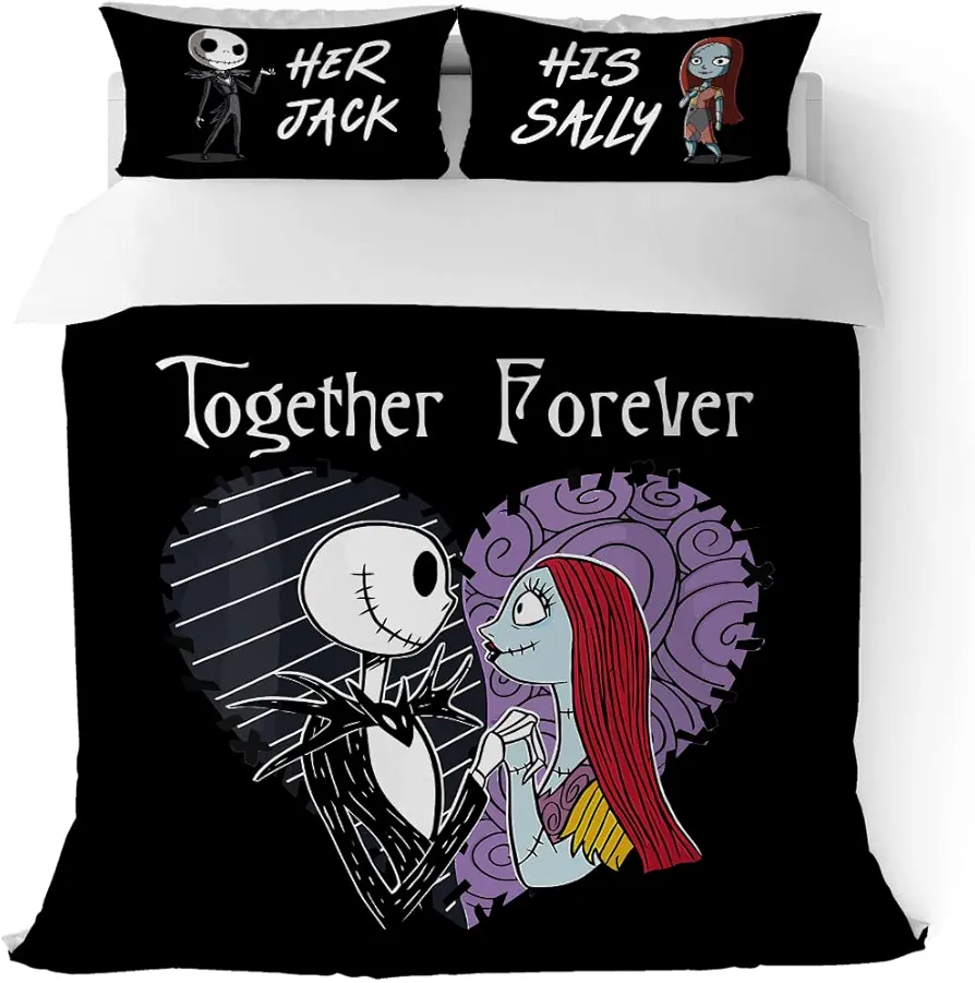 Nightmare Christmas Duvet Cover Quenn Size Set, Her Jack His Sally Bedding Set 3 Pieces Soft Microfiber Quilt Cover for Kids Boys Teens Room Decor, Comforter Cover with 2 Pillowcase