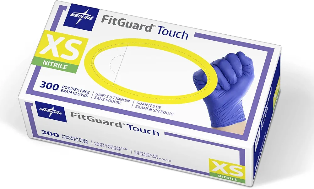 Medline FitGuard Touch Nitrile Exam Gloves,300 Count, X-Small, Powder Free,Disposable,Not Made with Natural Rubber Latex,Excellent Sense of Touch for Medical Tasks,Durable for Household Chores & More