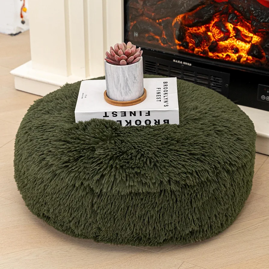 Soft Floor Pillow Large Floor Cushion for Sitting Fur Meditation Pillow Premium Yoga Pillow for Living Room Bedroom Balcony Outdoor (Dark green floor pillow with insert)