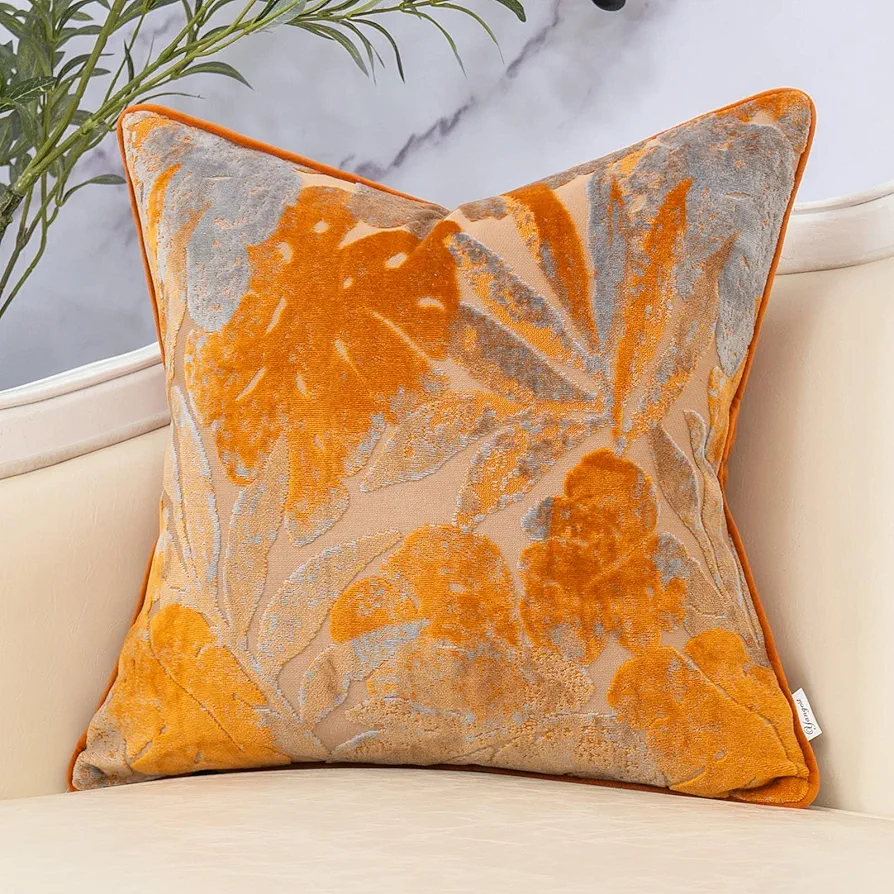 Yangest Orange Leaf Square Pillow Cover Cut Velvet Cushion Cover Luxury Modern Pillowcover for Couch Living Room Bedroom,18x18 Inch