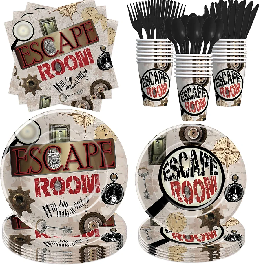 Escape Room Party Decorations Tableware - Escape Room Birthday Party Supplies, Paper Plate, Cup, Napkin, Disposable Cutlery, Mystery Puzzle Clue Games Theme Escape Party Supplies | Serve 24