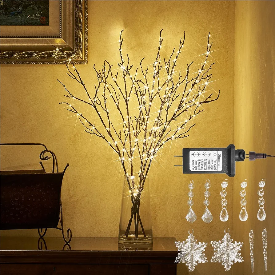 Hairui Lighted Brown Twig Branches Plug in with Dimmer and Timer 32IN 200 LED Fairy Lights, Lighted Willow Branches for Indoor Outdoor Home Room Christmas Decoration (Vase Excluded)