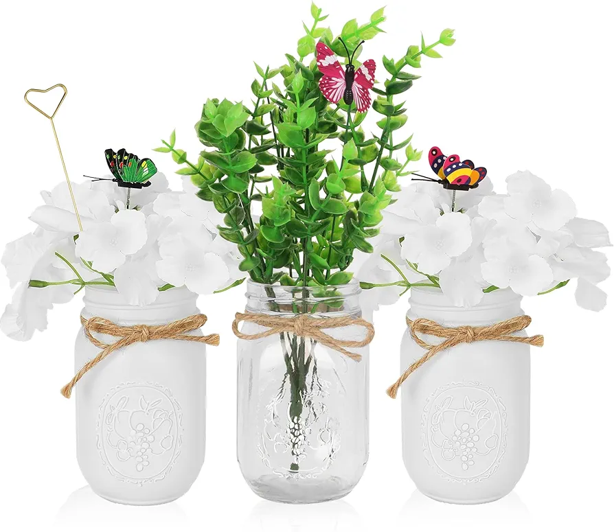 Modern Farmhouse Kitchen Table Decor -3 Sets Mason Jar for Centerpiece for Dining Room Tables Decor,Artificial Flowers House Decorations Living Room for Coffee Table