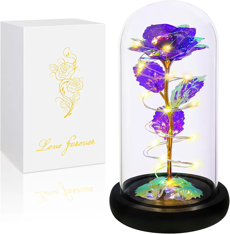 Childom Christmas Rose Gifts for Women,Birthday Gifts for Women,Rose Flower Gifts for Women,Colorful Purple Light Up Rose in A Glass Dome,Rose Gifts for Mom Her Christmas,Thanksgiving,Anniversary