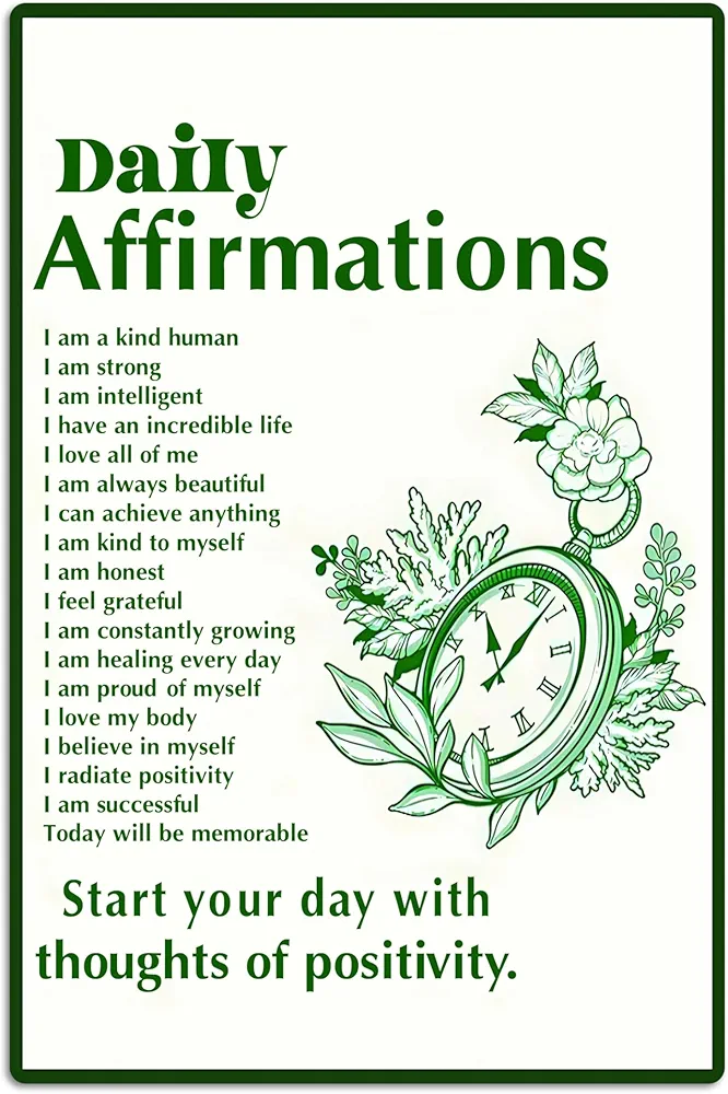 Daily Positive Affirmations Posters Inspirational Metal Tin Sign Green Boho Room Aesthetic Decoration Home Office Classroom Cafe Bar Wall Decor 8x12 Inch