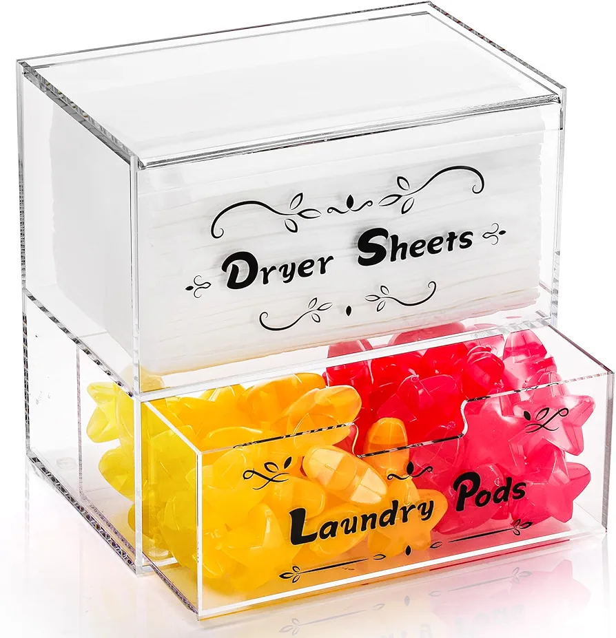 Dryer Sheet Holder, Acrylic Sheets Box Container with Drawer and Lid, 2 Tiers Anti-Slip Clear Laundry Room Dispenser for Fabric Sheets Laundry Pods Storage Organization Decor, Transparent