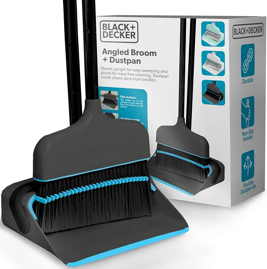 BLACK+DECKER Butler Broom & Dustpan Set - Short Handle, Stand-Up Design - Lightweight, Space-Saving Combo for Kitchen, Living Room, Bathroom, Lobby Floors - Home Cleaning Essential, Black/Blue