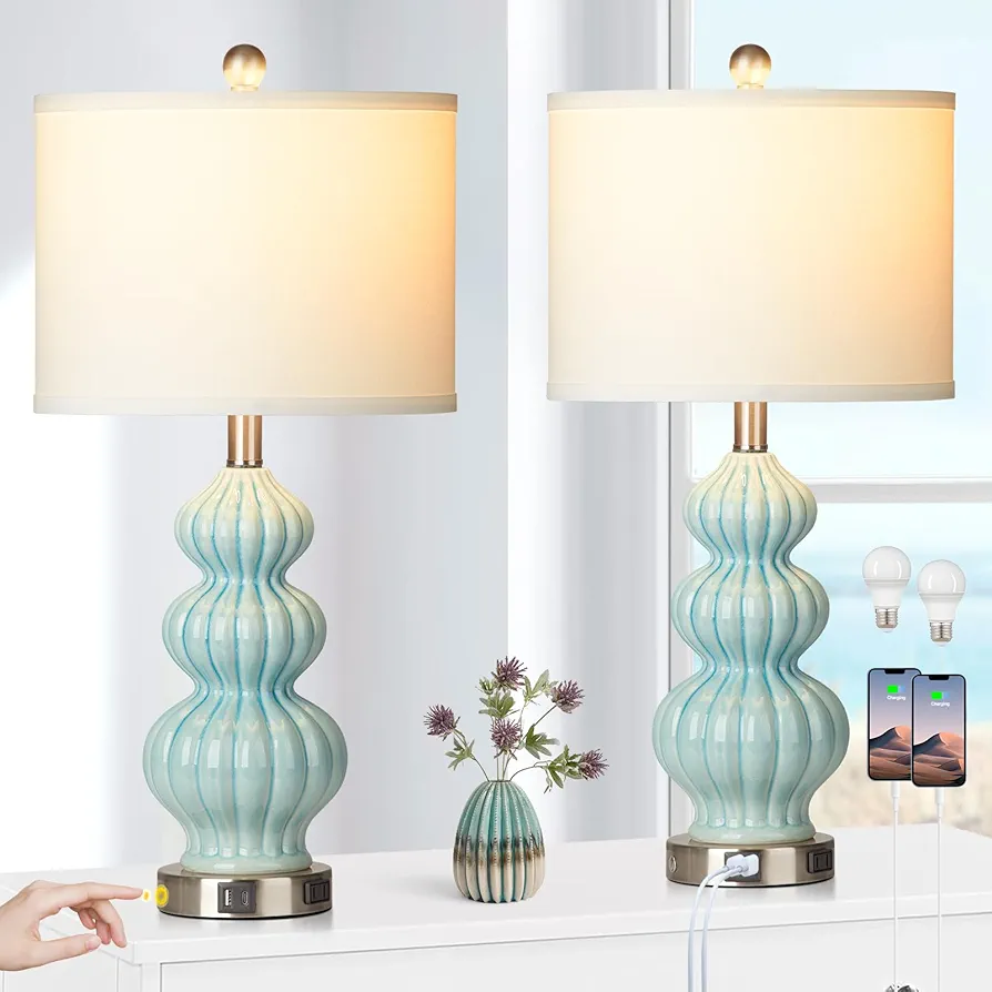 Triple Gourd Ceramic Table Lamps Set of 2, Modern Blue Bedside Lamps with USB A+C Ports & AC Outlet, 3 Way Touch Control Contemporary Nightstand Lamps for Bedroom Living Room (Bulb Included)