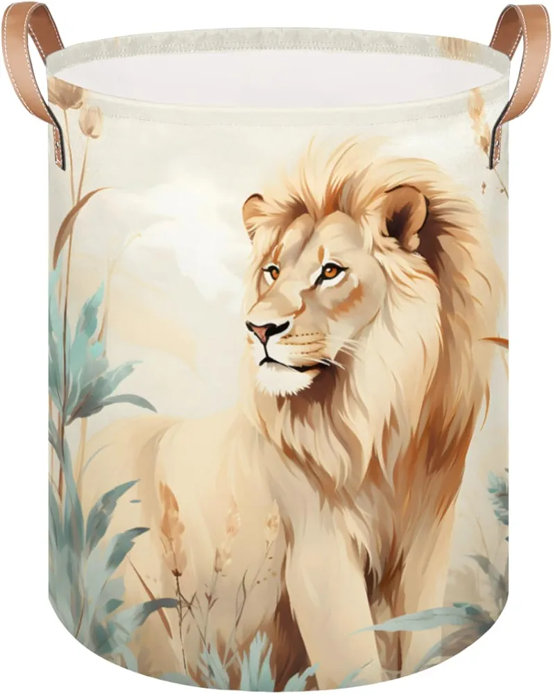 Jungle Animal Lion Laundry Hamper Collapsible Fabric Laundry Basket with Leather Handles Dirty Clothes Hamper Decorative Storage Basket for Living Room, College Dorm, Family