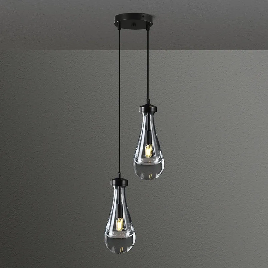 Modern Raindrop Pendant Lights, Black Cluster 2-Light Pendant Lights Kitchen Island, Bedside Pendant Lights, Adjustable Suspension Cord for Dining Room,Bathroom,Bedroom,Bulb Included