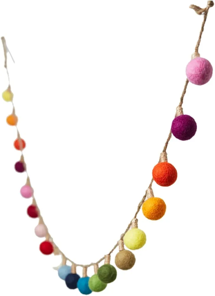 Serene Spaces Living 72" Multicolor Hanging Lightbulb Wool Felt Pom Pom Garland, Classroom Garland, Colorful Christmas Garland, Rainbow Felt Garland for Tree Decoration, Kids Playroom, Birthday Party