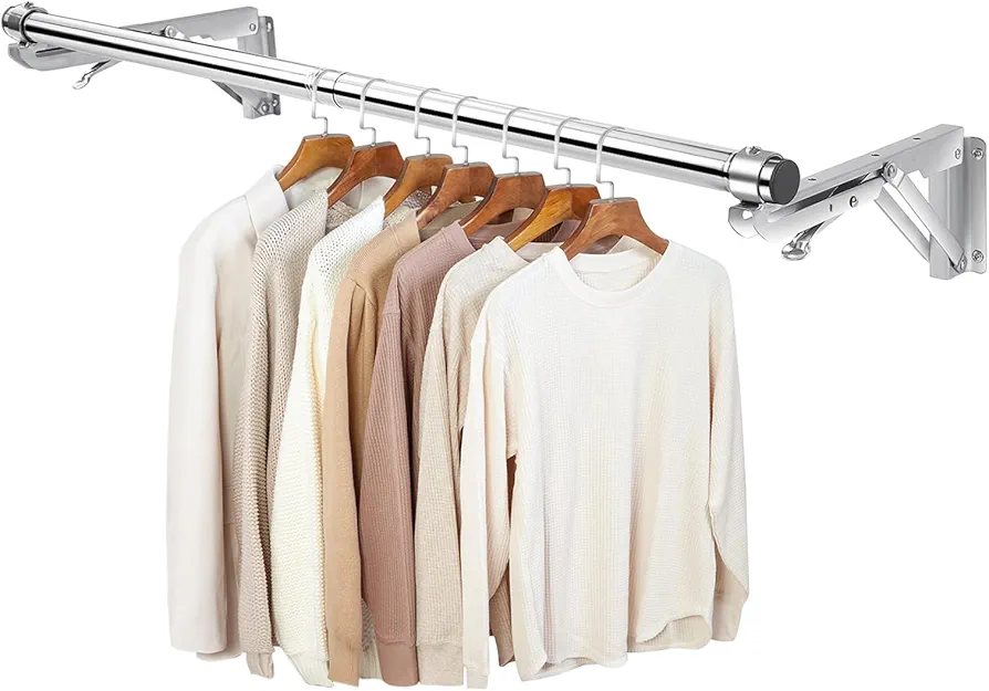 Foldable Wall Mounted Clothes Rack-30'' Long Rod&2 Thick Bases,Stainless Steel,Multi-Purpose for Space-Saving Garment Rack/Clothes Drying Rack/Clothes Hanger,Detachable and Top Shelf Room Reserved