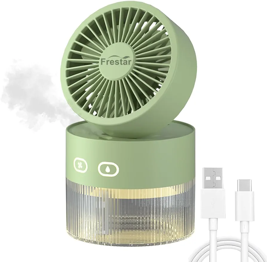 Personal Cooling Fan and Small Air Humidifier 350ml with LED Night Light, Desktop USB Charging Humidifier and Fan 3 in 1 for Office and Small Room, No Battery (Green)