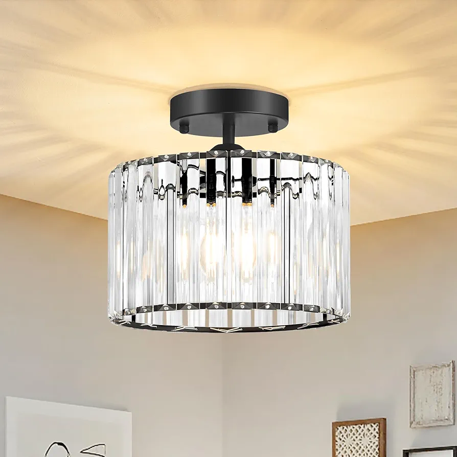 Semi Flush Mount Ceiling Light Fixture, Modern Crystal Chandelier, Crystal Ceiling Light Chandeliers for Living Room Hallway Entryway Bedroom Kitchen, Black, E26 Base (Bulb Not Included)