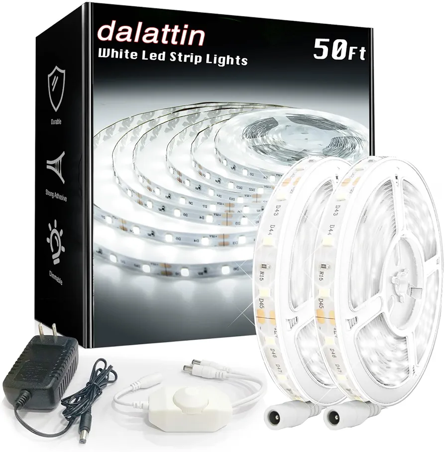 dalattin White LED Strip Lights 50ft Dimmable Bright 24V Led Light Strip 6500K Daylight White 900 LEDs Lights for Bedroom, Mirror, Kitchen, Strong Adhesive（2 Rolls of 25ft）