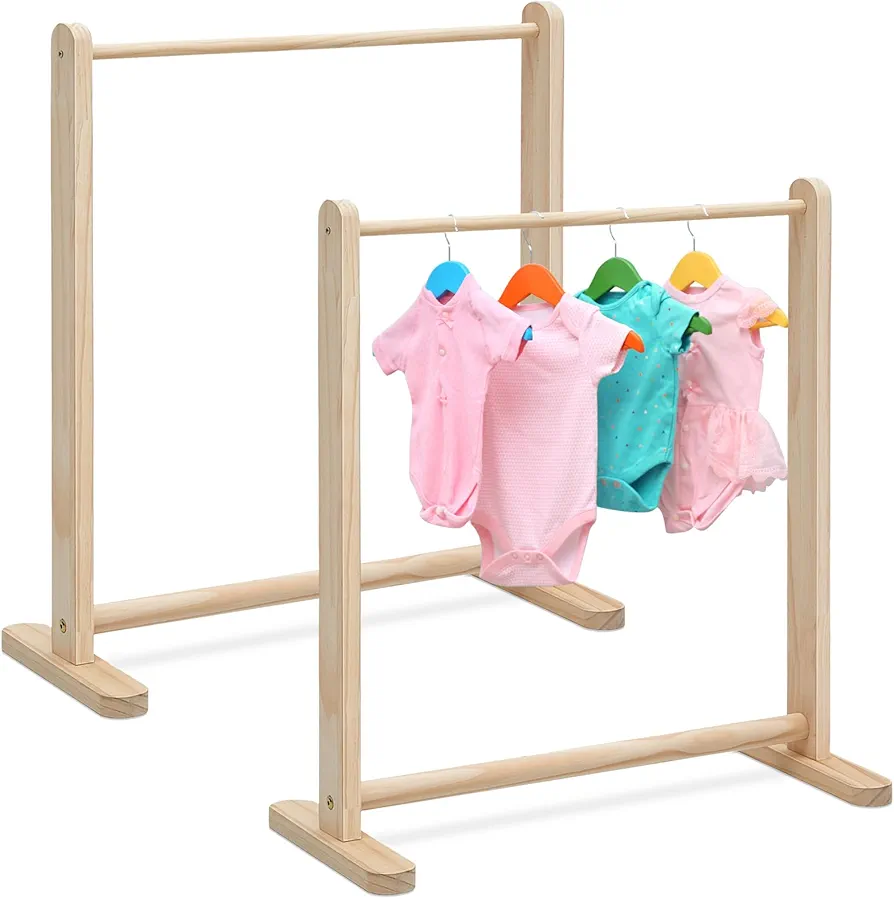 2 Pcs Kids Clothing Rack Kids Dress Up Rack Wood Child Garment Rack 22.1" W x 9.5" D x 24.4" H Kid's Clothes Hanger Wooden Clothes Organizer for Home Bedroom Living Room Clothing Store