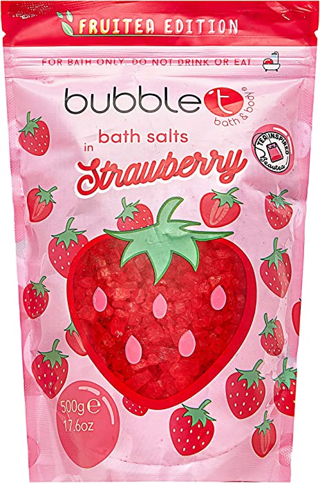 Bubble T Cosmetics Fruitea Strawberry Bath Salts, Soothes Tired Limbs & Freshens Up Bath Time with Sweet & Fruity Scents, Provides All Day Freshness - 1 x 500g