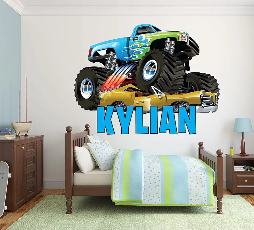 Kids Name Wall Decor - Monster Truck Decal - Custom Name Wall Decals - Boys Room Decor- Personalized Monster Truck Wall Art