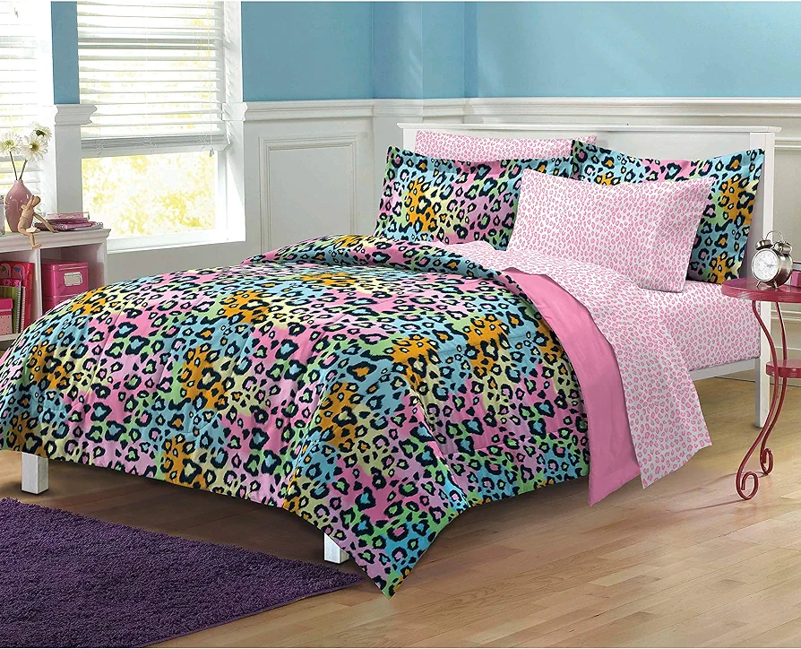 Neon Leopard Ultra Soft Microfiber Girls Comforter Set, Multi-Colored, Queen