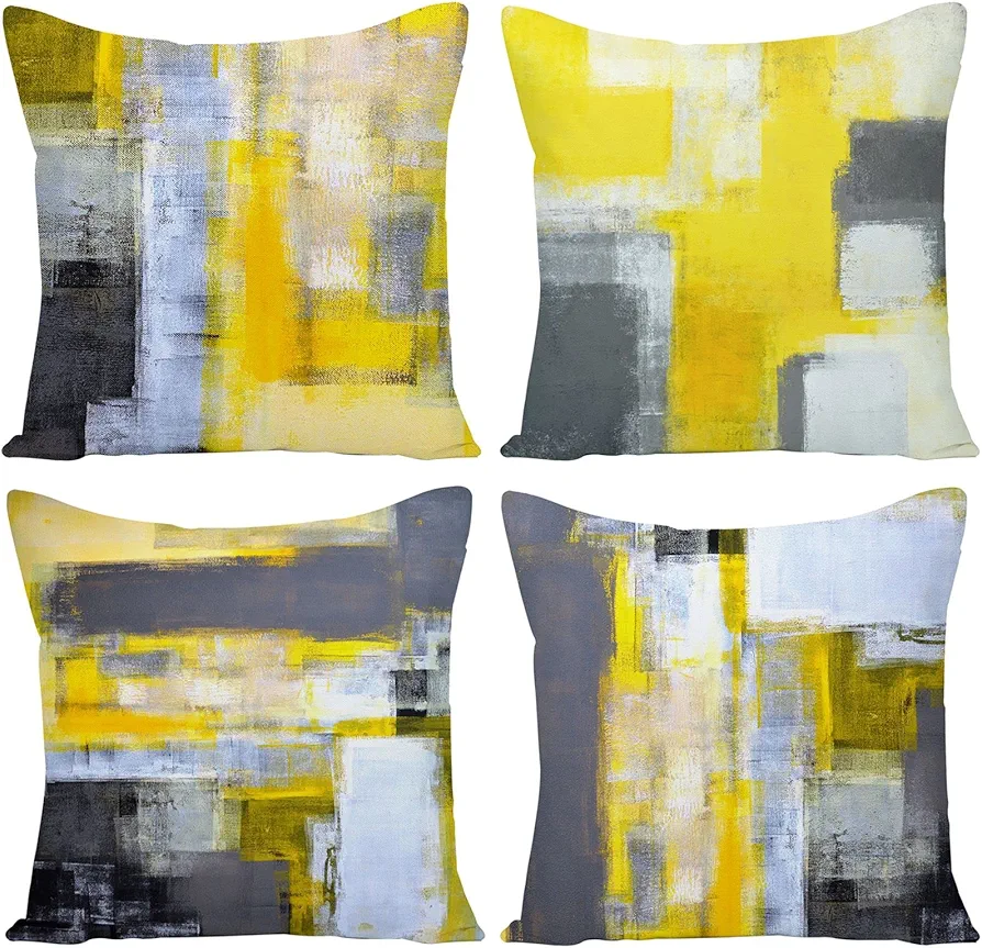 Yellow Black Grey Throw Pillow Covers 18x18 Set of 4 Decorative Cushion Cover White Abstract Art Painting Pillowcase for Sofa Bedroom Living Room Decor