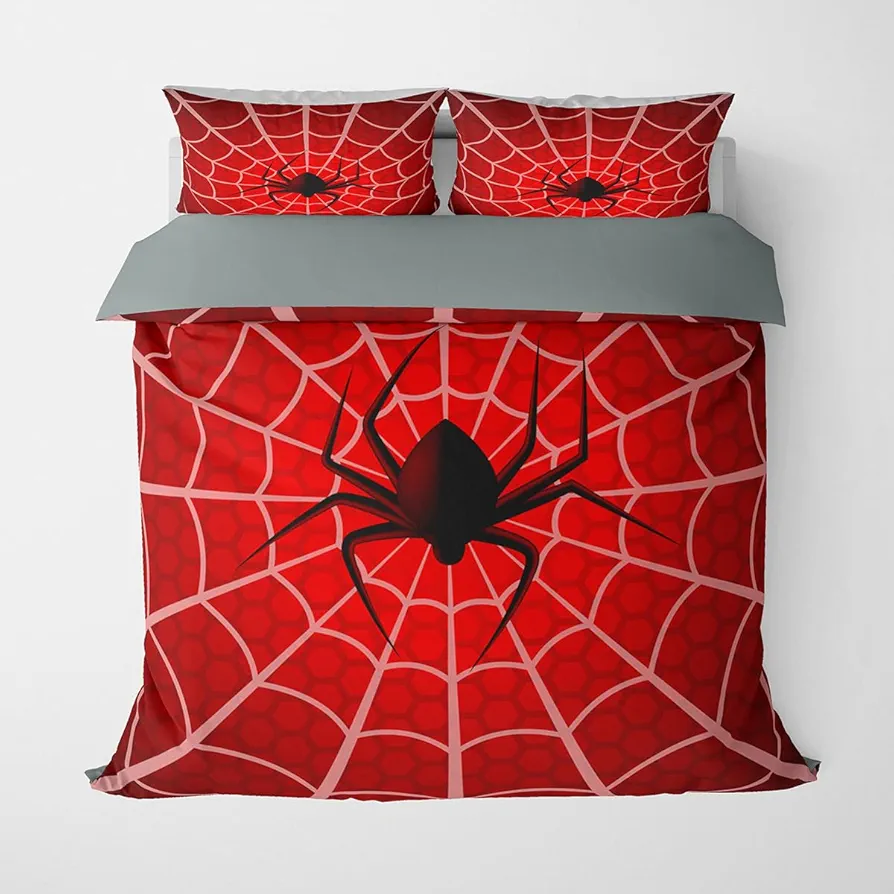 Red Spider Web Duvet Cover Set Quenn Size, Baby Superhero Bedding Set 3 Pieces Soft Microfiber Quilt Cover for Kids Boys Teens Room Decor, Comforter Cover with 2 Pillowcase