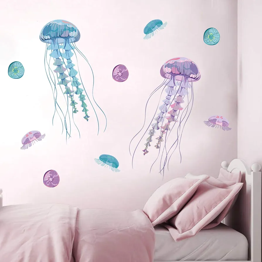 decalmile Large Jellyfish Wall Stickers Ocean Underwater Fish Wall Decals Girls Bedroom Nursery Bathroom Wall Decor(Jellyfish Size: 29"H x 17" W))