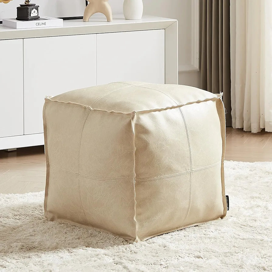 Louis Donné Pouf Ottoman Cover, Handmade Faux PU Leather Moroccan, Unstuffed Pouffe Ottomans, Grey White 17.7" Square, Ottoman Foot Rest for Living Room, Floor Chair for Christmas Decorations Gift