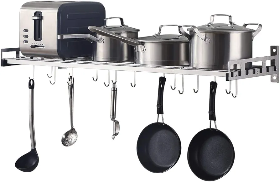 Wall Mounted Pots and Pans Rack with 16 Hooks, Stainless Steel Wall Shelf for Kitchen Bathroom Bedroom Pantry (36" by 12")