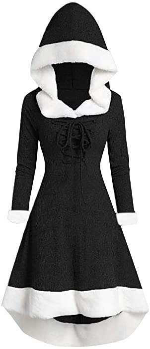 iDWZA Womens Winter Fashion Long Sleeve Patchwork Hooded Vintage Dress Party Dress