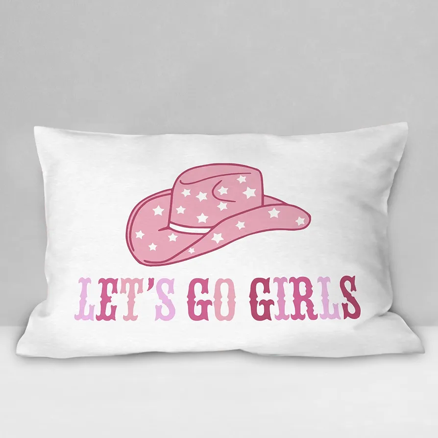 Let’s Go Girls Soft Throw Pillow Cover, Preppy Pink Cowgirl Hat Decorative Pillowcase,Preppy Decor Decorations for Home Bedroom Sofa College Room (12 x 20 Inch)